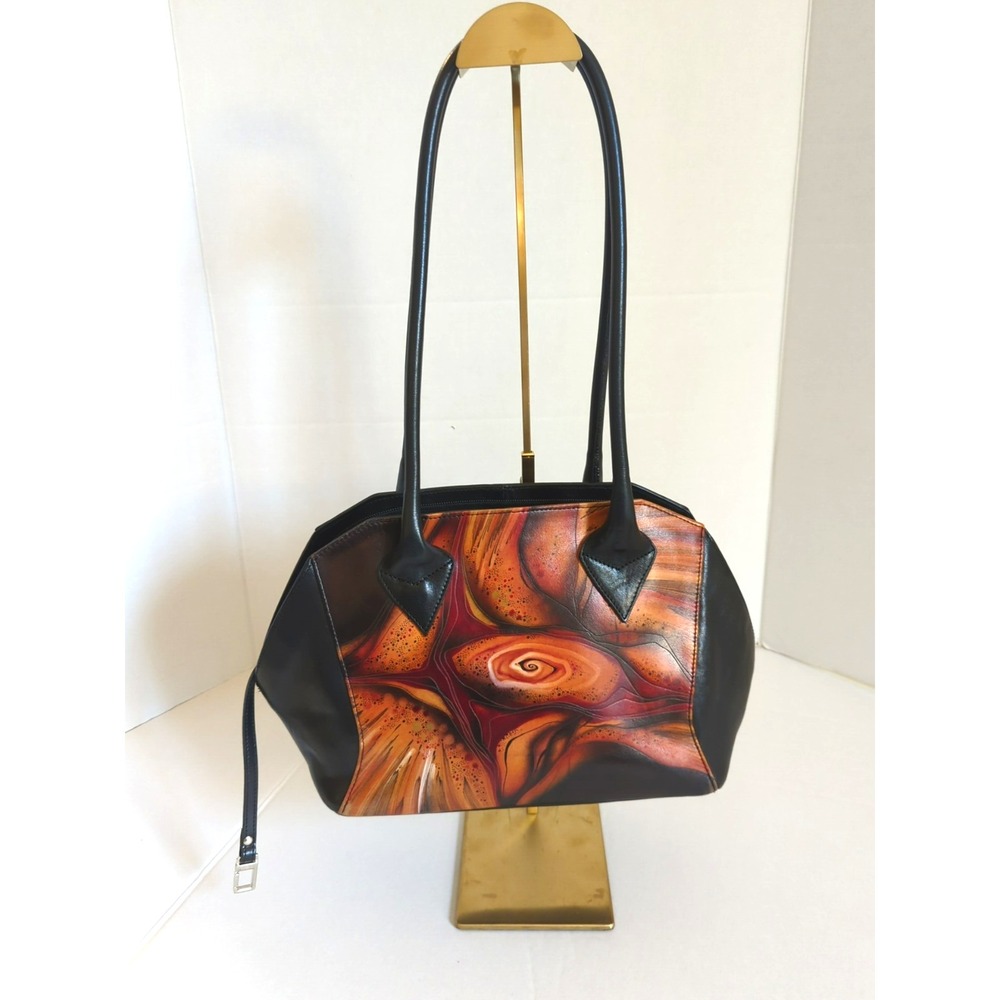 Hand Painted Designer Bambas Engraved Leather Lg Shoulder Bag Art to Wear Boho